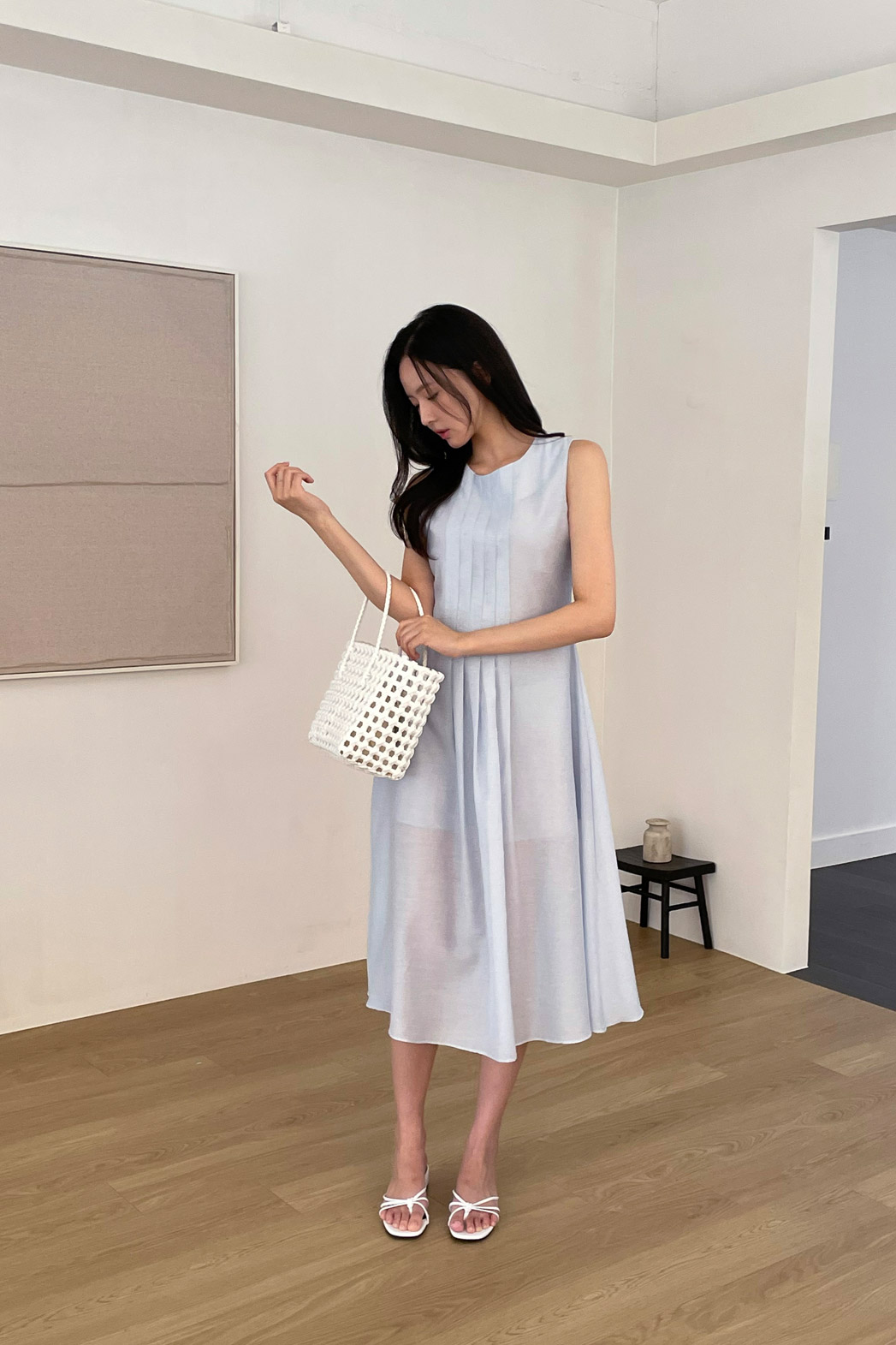 リネン混ラウンドネックピンタックベーシックロング無地ワンピース春夏秋 | DHOLIC | 詳細画像5
