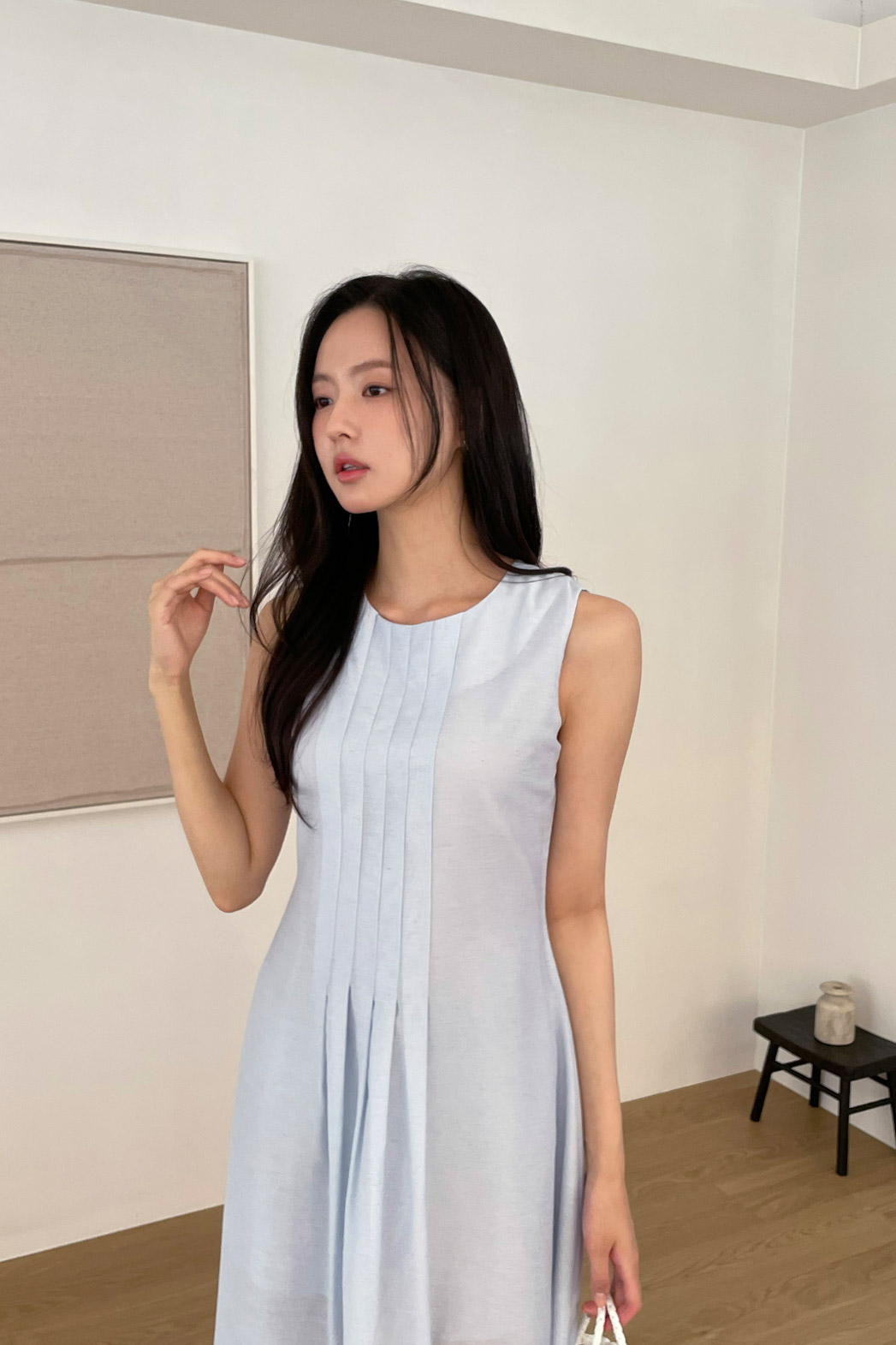 リネン混ラウンドネックピンタックベーシックロング無地ワンピース春夏秋 | DHOLIC | 詳細画像6