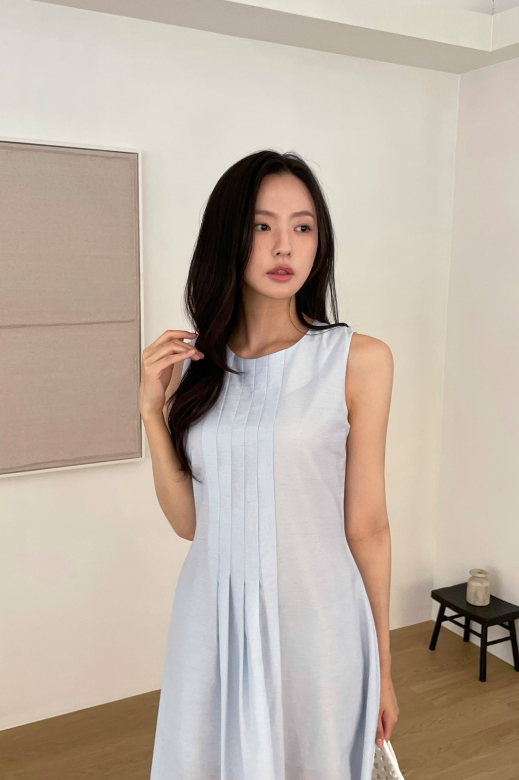リネン混ラウンドネックピンタックベーシックロング無地ワンピース春夏秋 | DHOLIC | 詳細画像7