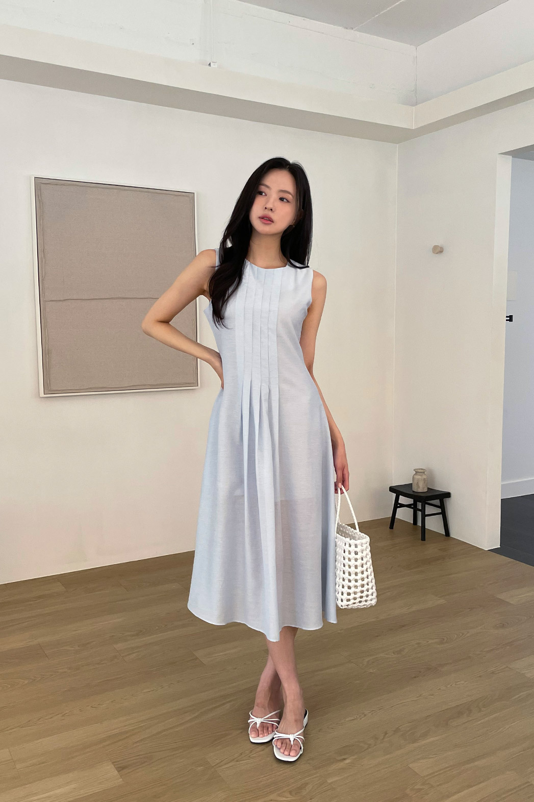 リネン混ラウンドネックピンタックベーシックロング無地ワンピース春夏秋 | DHOLIC | 詳細画像10