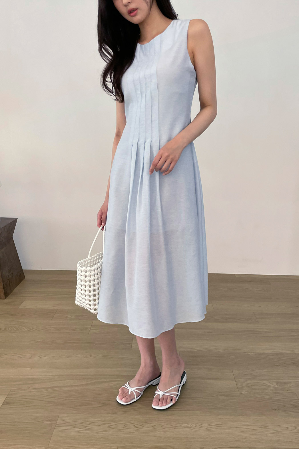 リネン混ラウンドネックピンタックベーシックロング無地ワンピース春夏秋 | DHOLIC | 詳細画像12