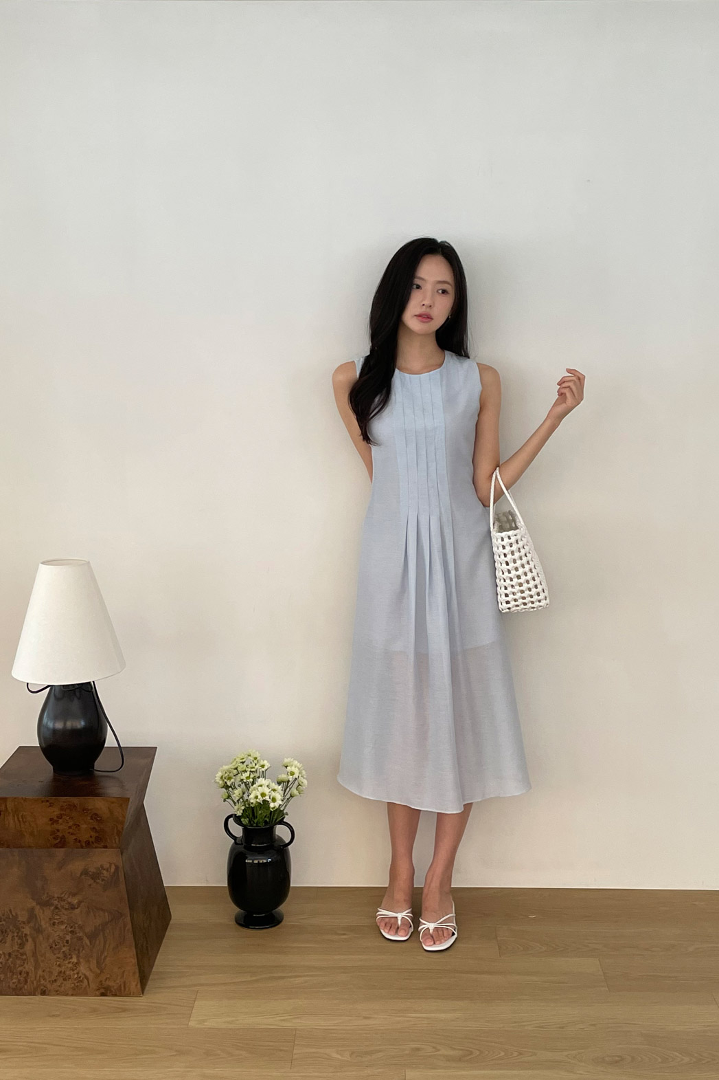 リネン混ラウンドネックピンタックベーシックロング無地ワンピース春夏秋 | DHOLIC | 詳細画像14