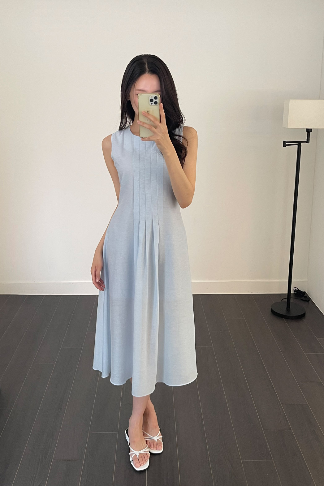 リネン混ラウンドネックピンタックベーシックロング無地ワンピース春夏秋 | DHOLIC | 詳細画像16