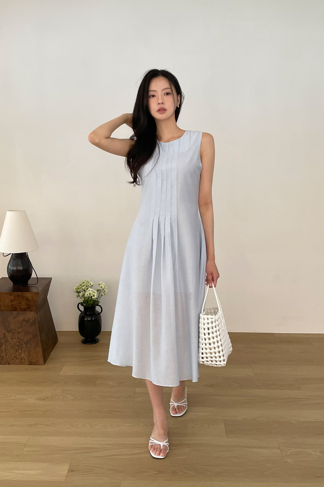 リネン混ラウンドネックピンタックベーシックロング無地ワンピース春夏秋 | DHOLIC | 詳細画像18