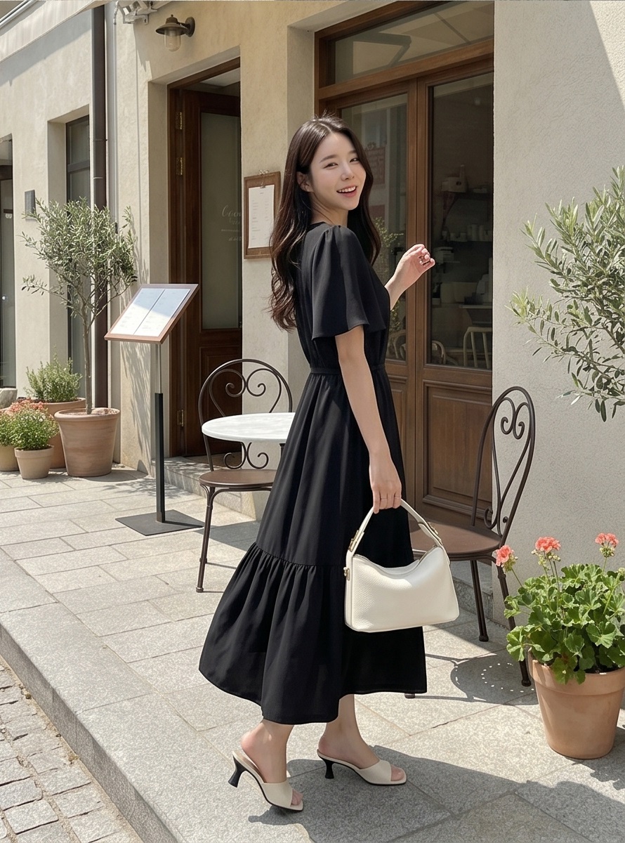 ラウンドネックドローストリングロング半袖フレアワンピース | 詳細画像9