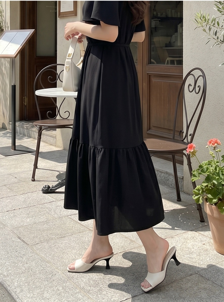 ラウンドネックドローストリングロング半袖フレアワンピース | 詳細画像18