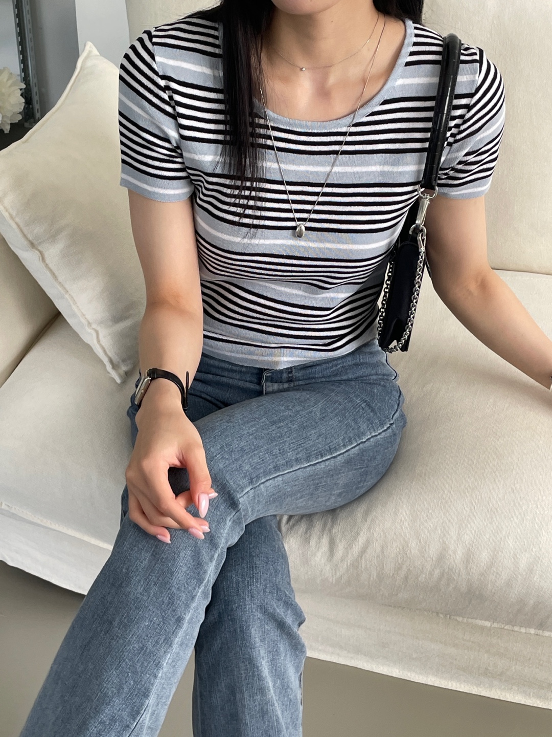 ラウンドネックベーシック半袖ボーダー配色ニット | 詳細画像11
