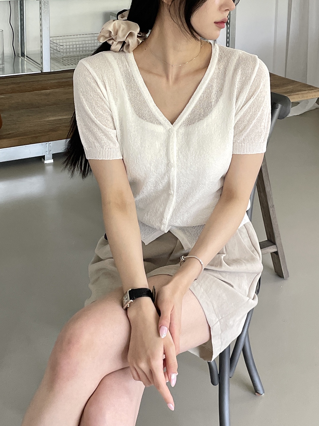 ブークレニットシースルーボタンスリム半袖カーディガン | 詳細画像14