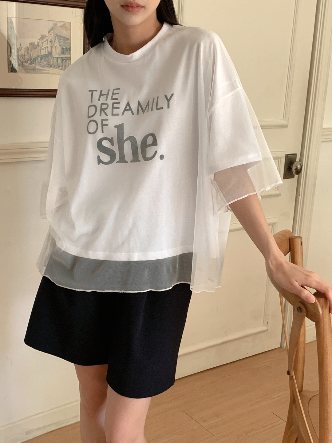 コンビラウンドネックボクシーレイヤード風ルーズ半袖ロゴTシャツ | 詳細画像3
