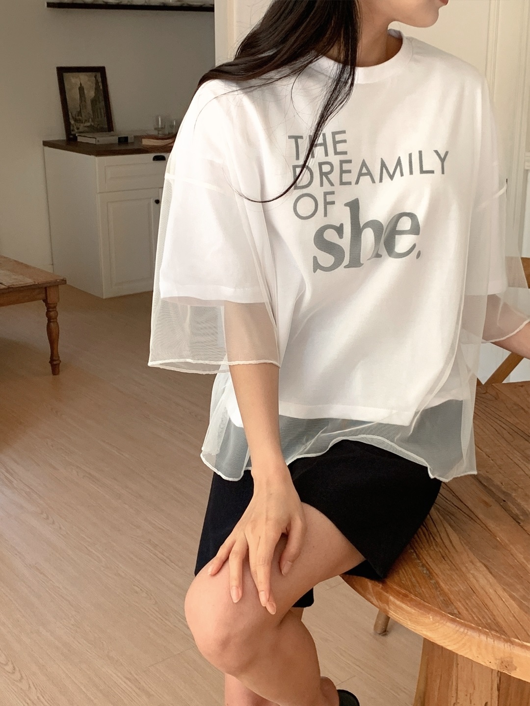 コンビラウンドネックボクシーレイヤード風ルーズ半袖ロゴTシャツ | 詳細画像8