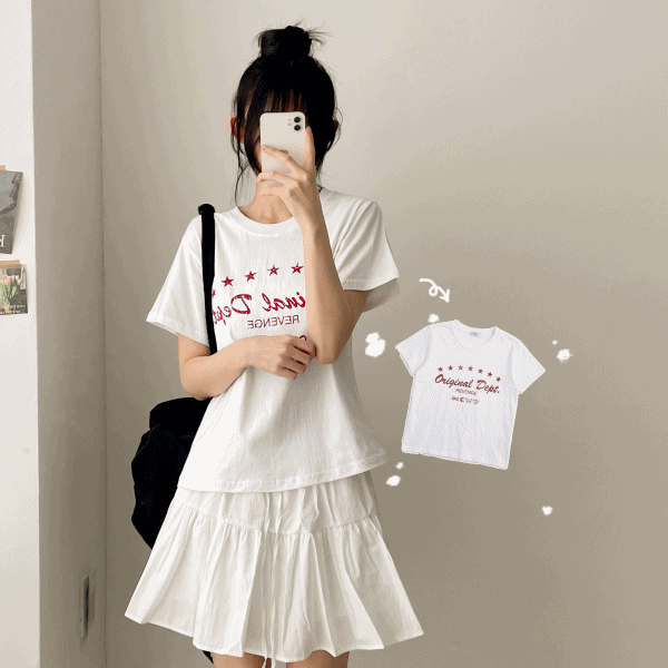 コットンラウンドネックスリム半袖星柄レタリングTシャツ | レディース