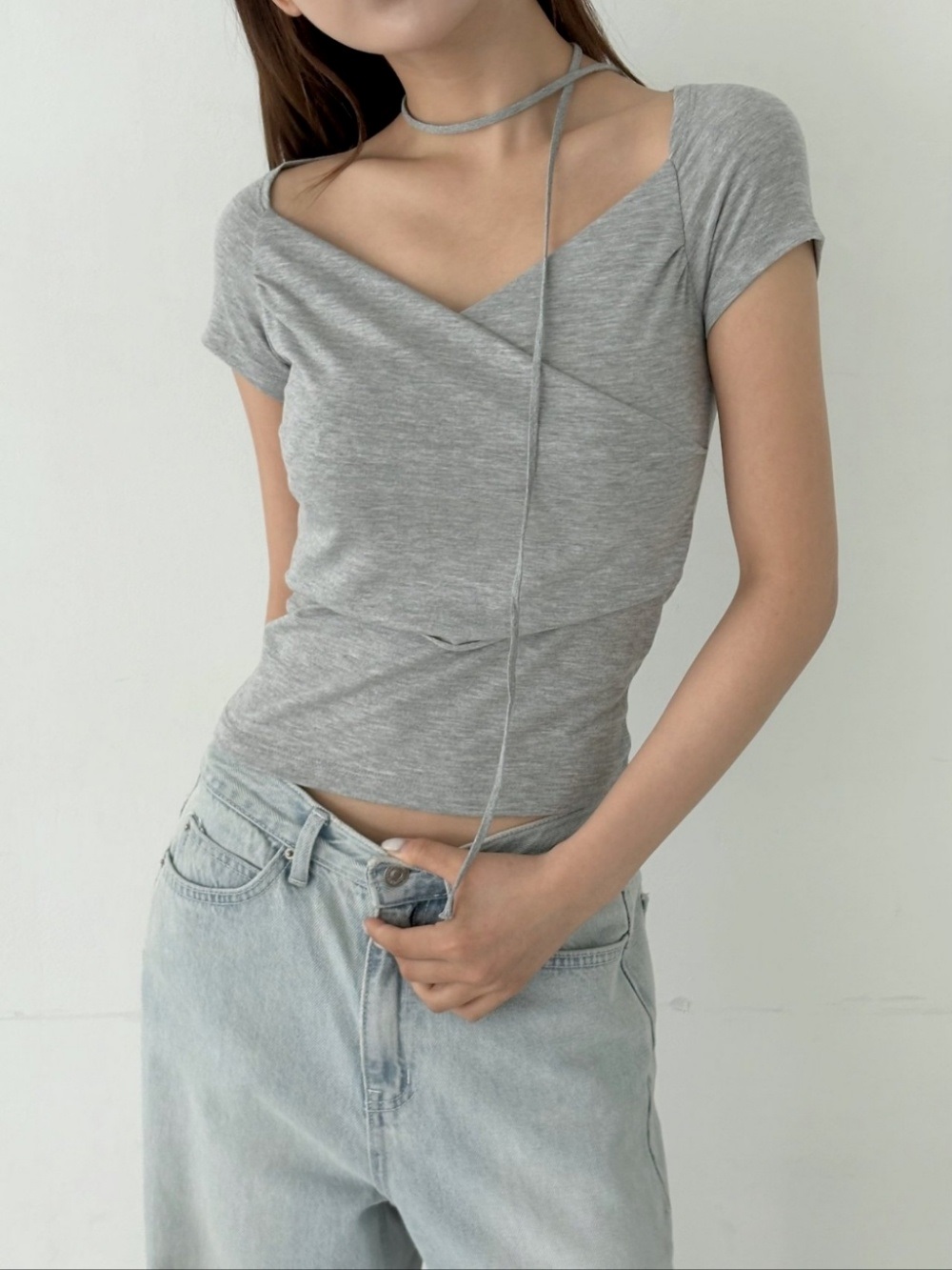 Vネックシャーリングフレンチスリーブカシュクール半袖Tシャツストラップ付 | 詳細画像2
