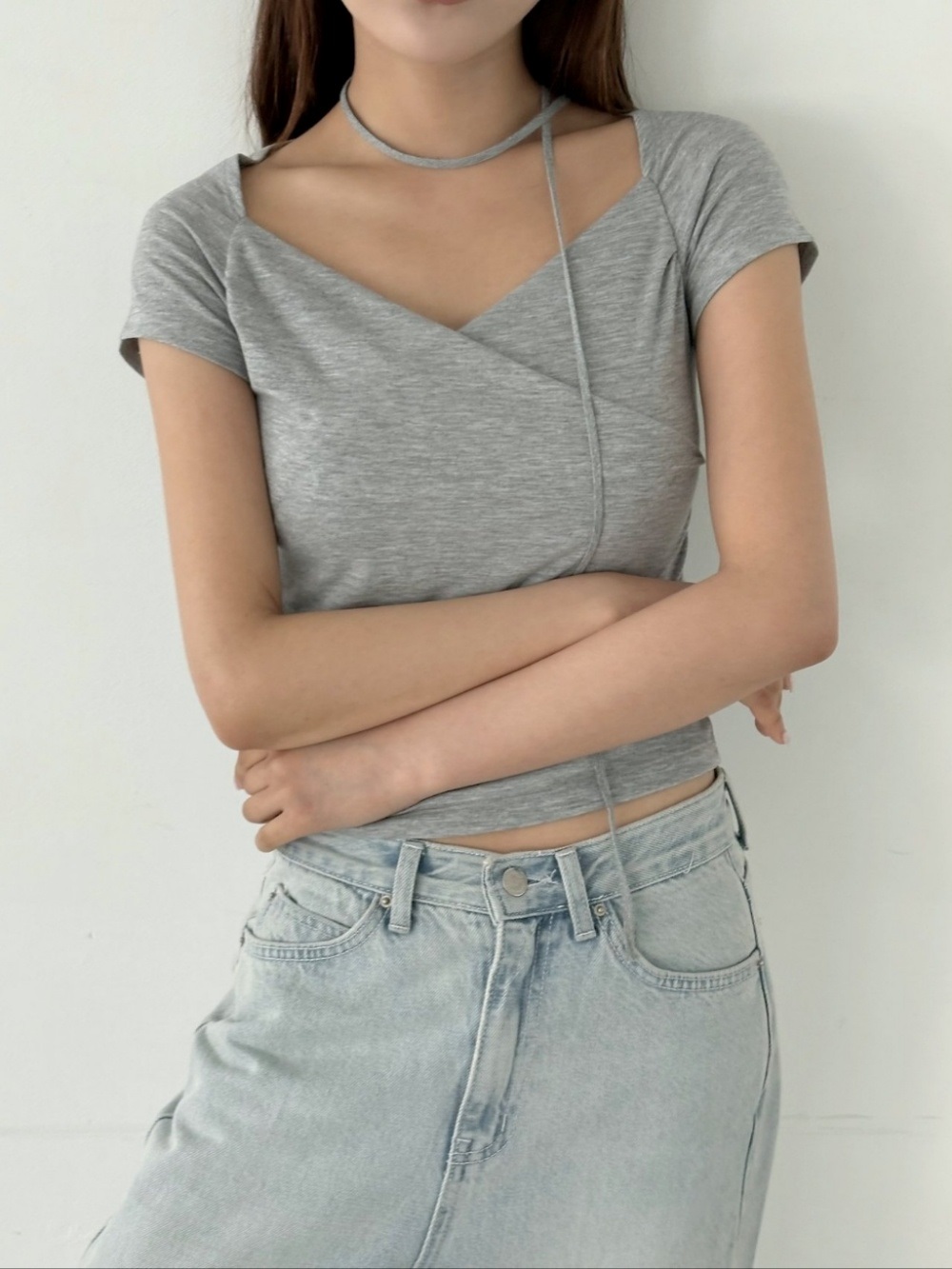 Vネックシャーリングフレンチスリーブカシュクール半袖Tシャツストラップ付 | 詳細画像5