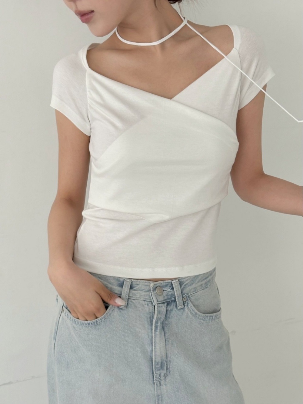 Vネックシャーリングフレンチスリーブカシュクール半袖Tシャツストラップ付 | 詳細画像8