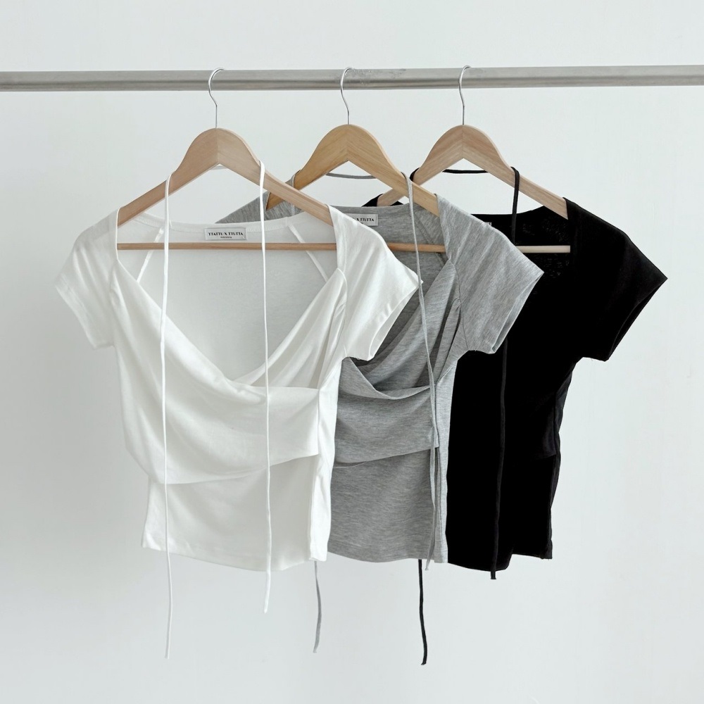 Vネックシャーリングフレンチスリーブカシュクール半袖Tシャツストラップ付 | 詳細画像11
