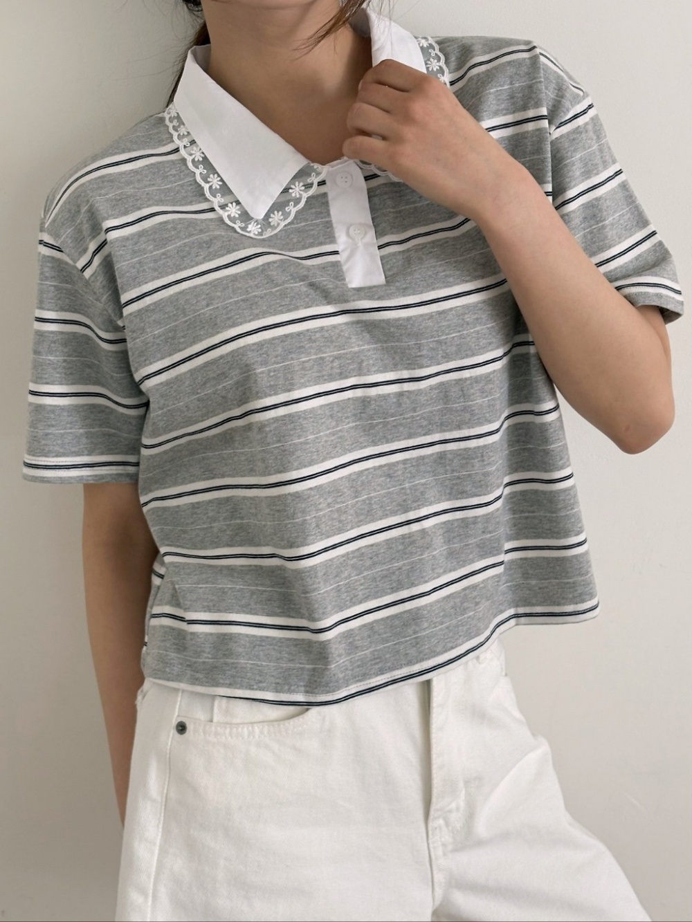 レースカラークロップドハーフボタン半袖ボーダーTシャツ | 詳細画像2