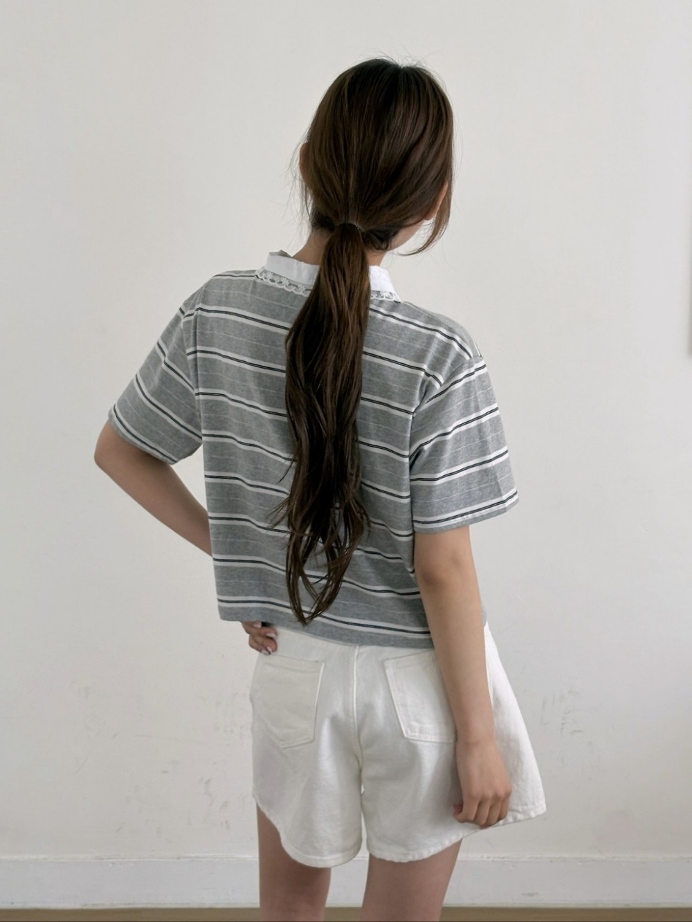 レースカラークロップドハーフボタン半袖ボーダーTシャツ | 詳細画像6