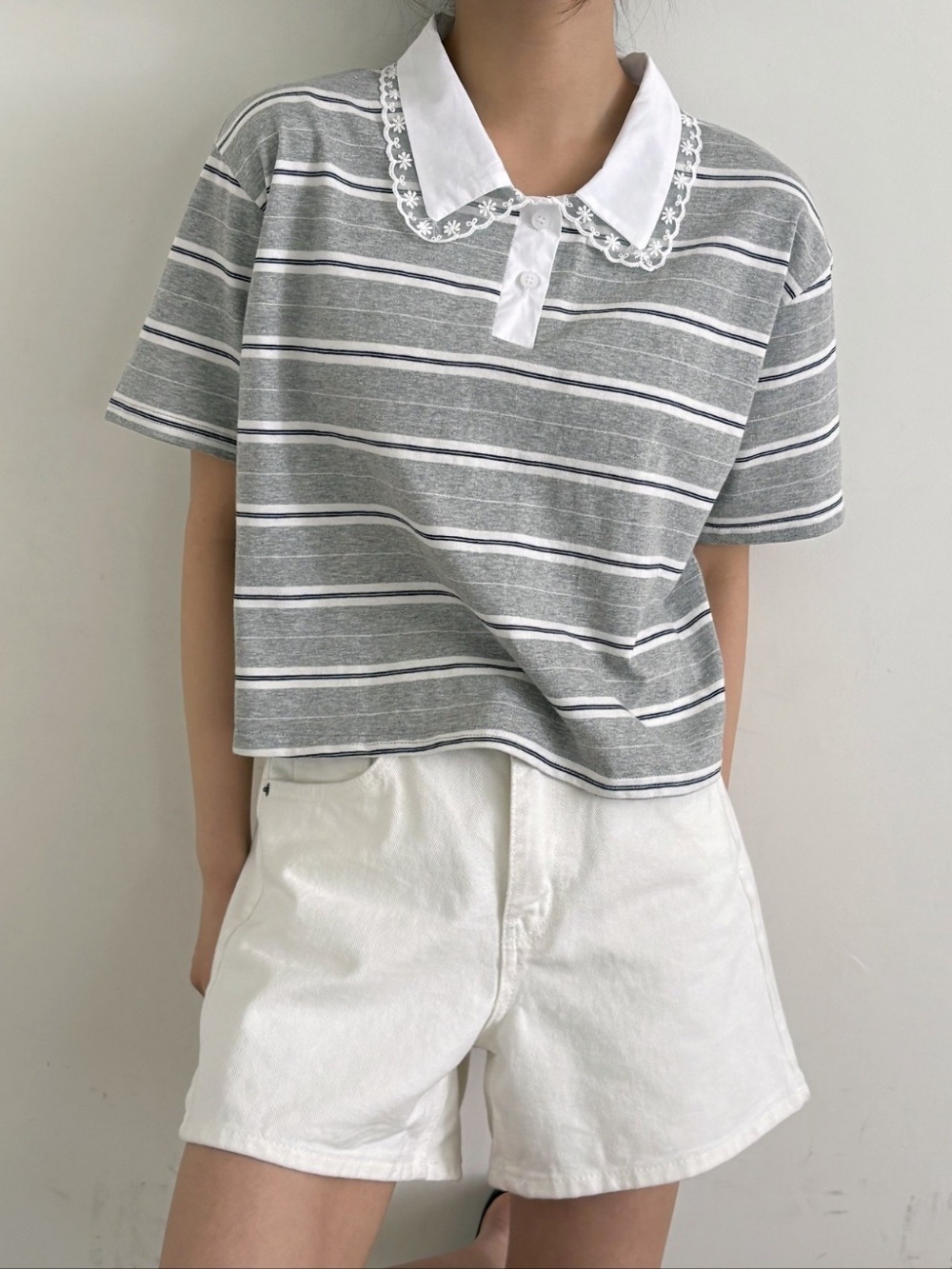 レースカラークロップドハーフボタン半袖ボーダーTシャツ | 詳細画像7