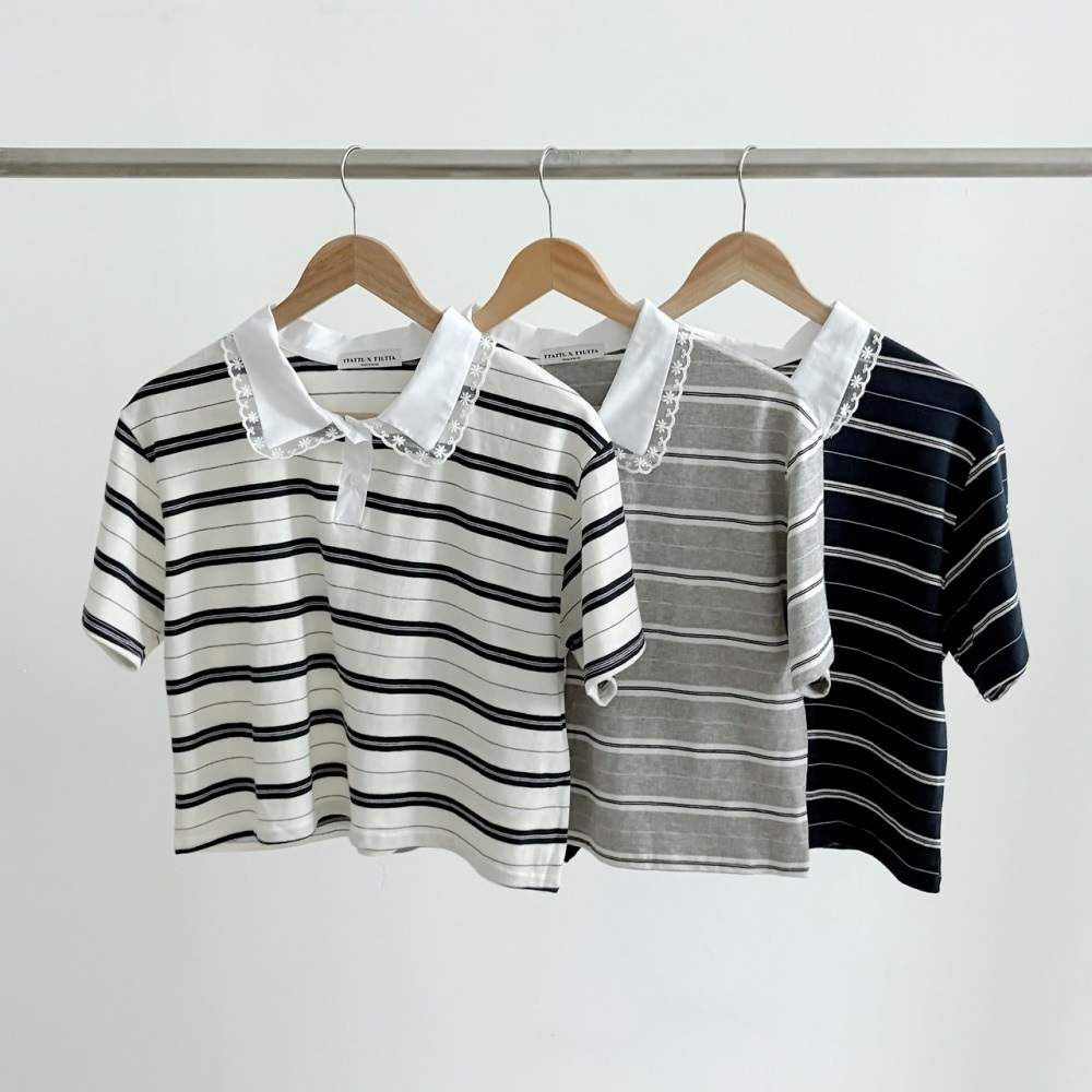 レースカラークロップドハーフボタン半袖ボーダーTシャツ | 詳細画像15