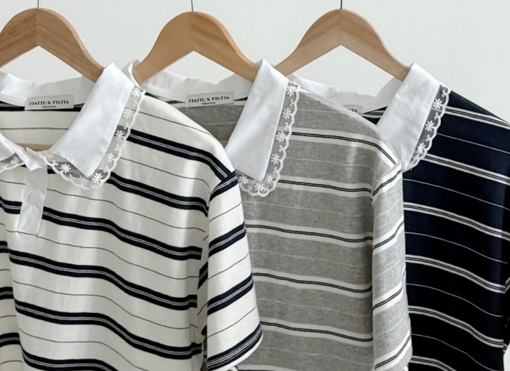 レースカラークロップドハーフボタン半袖ボーダーTシャツ | 詳細画像17