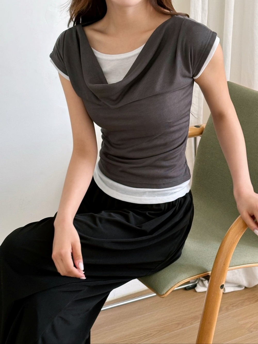 配色ドレープシャーリングレイヤード風半袖Tシャツ | 詳細画像6