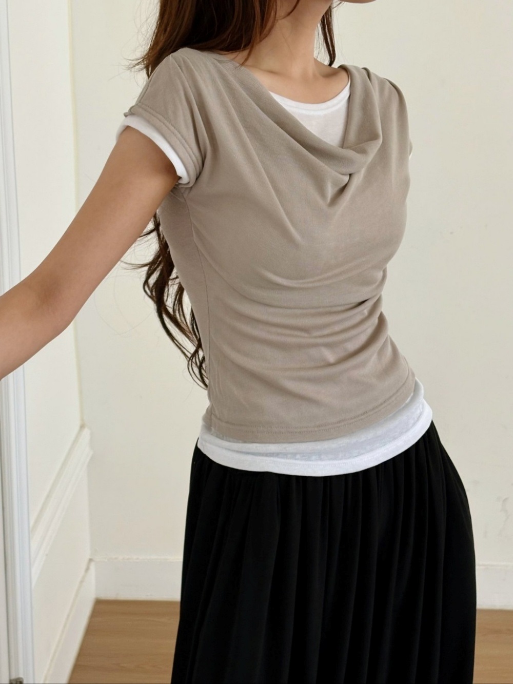 配色ドレープシャーリングレイヤード風半袖Tシャツ | 詳細画像8