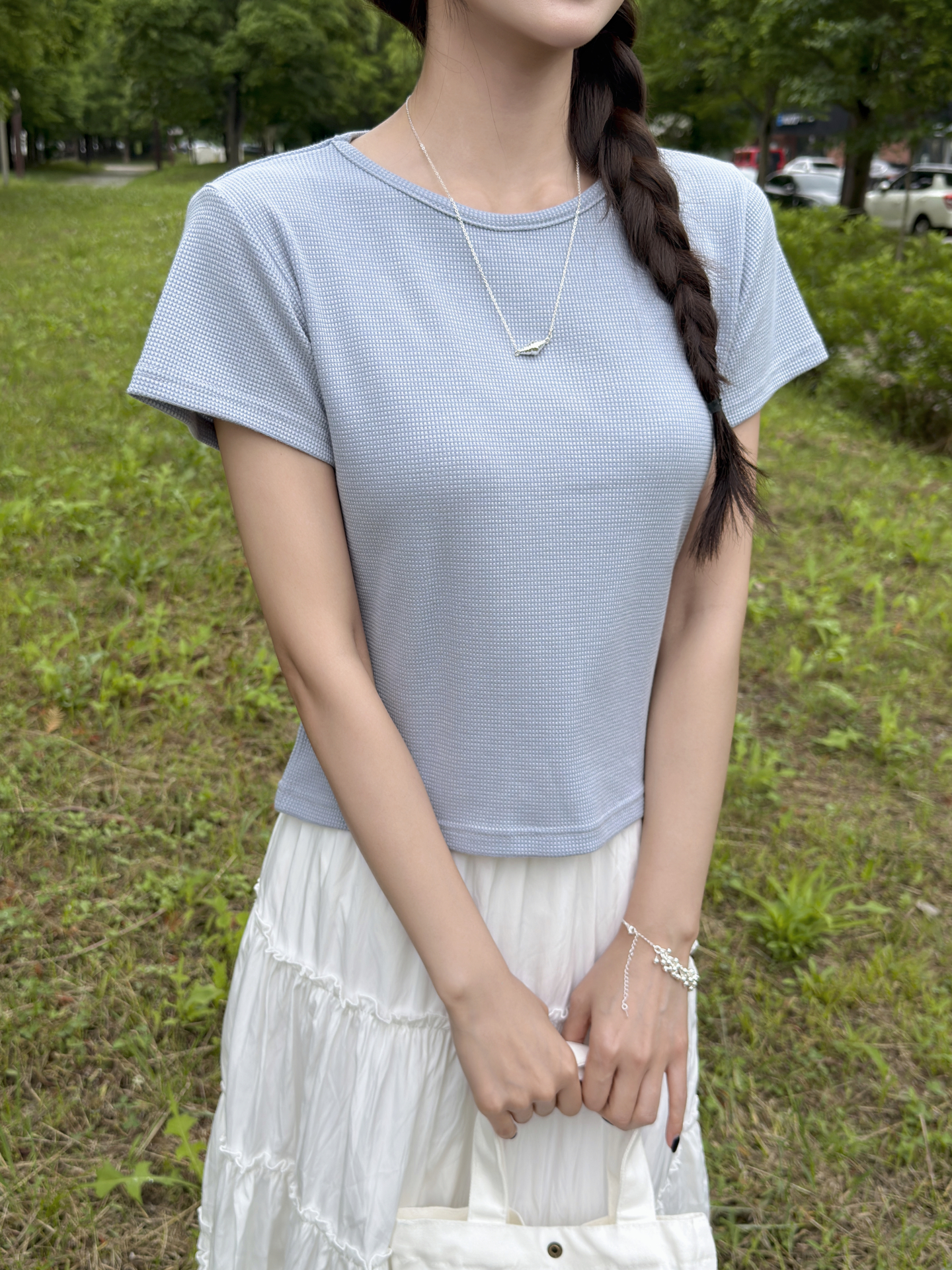 ワッフルラウンドネック半袖セミクロップドTシャツ | 詳細画像2
