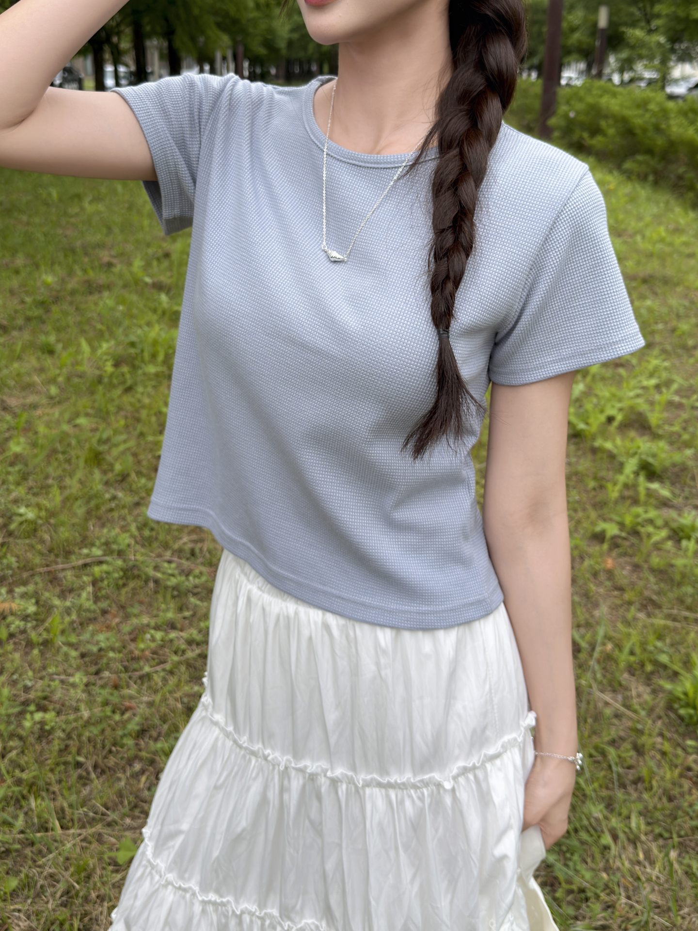 ワッフルラウンドネック半袖セミクロップドTシャツ | 詳細画像3