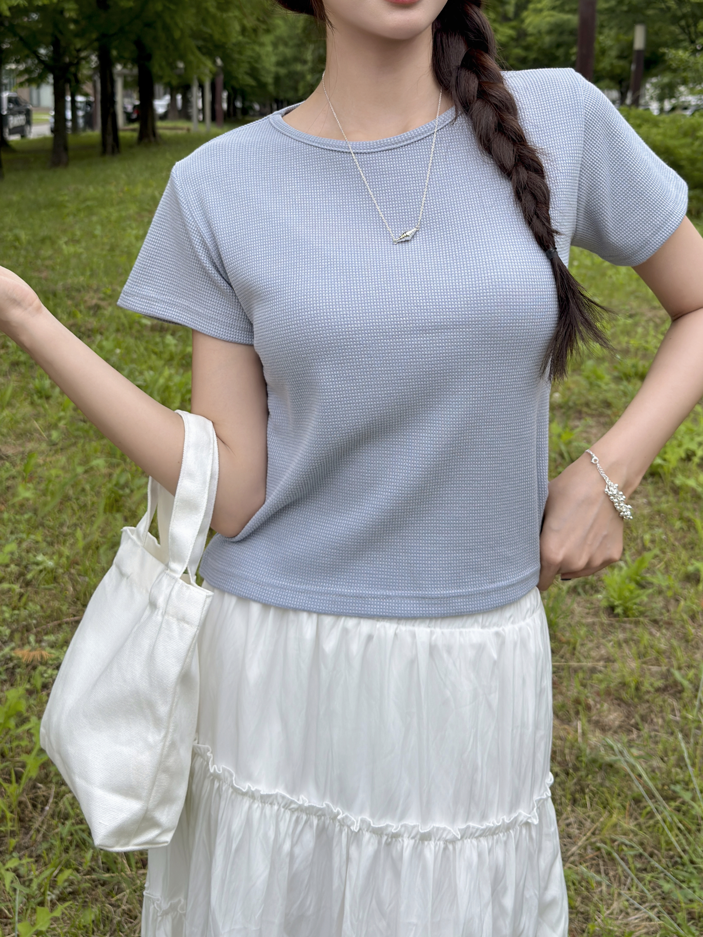ワッフルラウンドネック半袖セミクロップドTシャツ | 詳細画像4