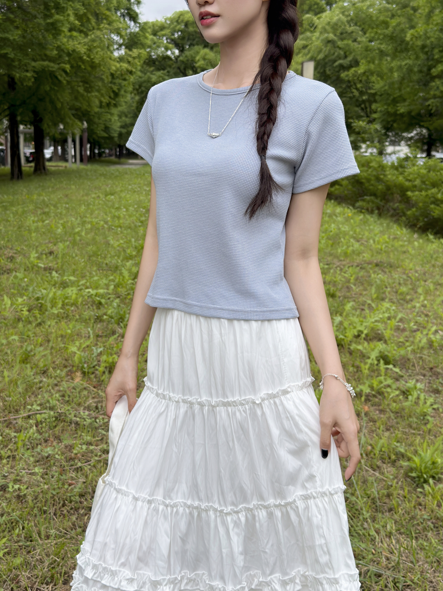 ワッフルラウンドネック半袖セミクロップドTシャツ | 詳細画像5