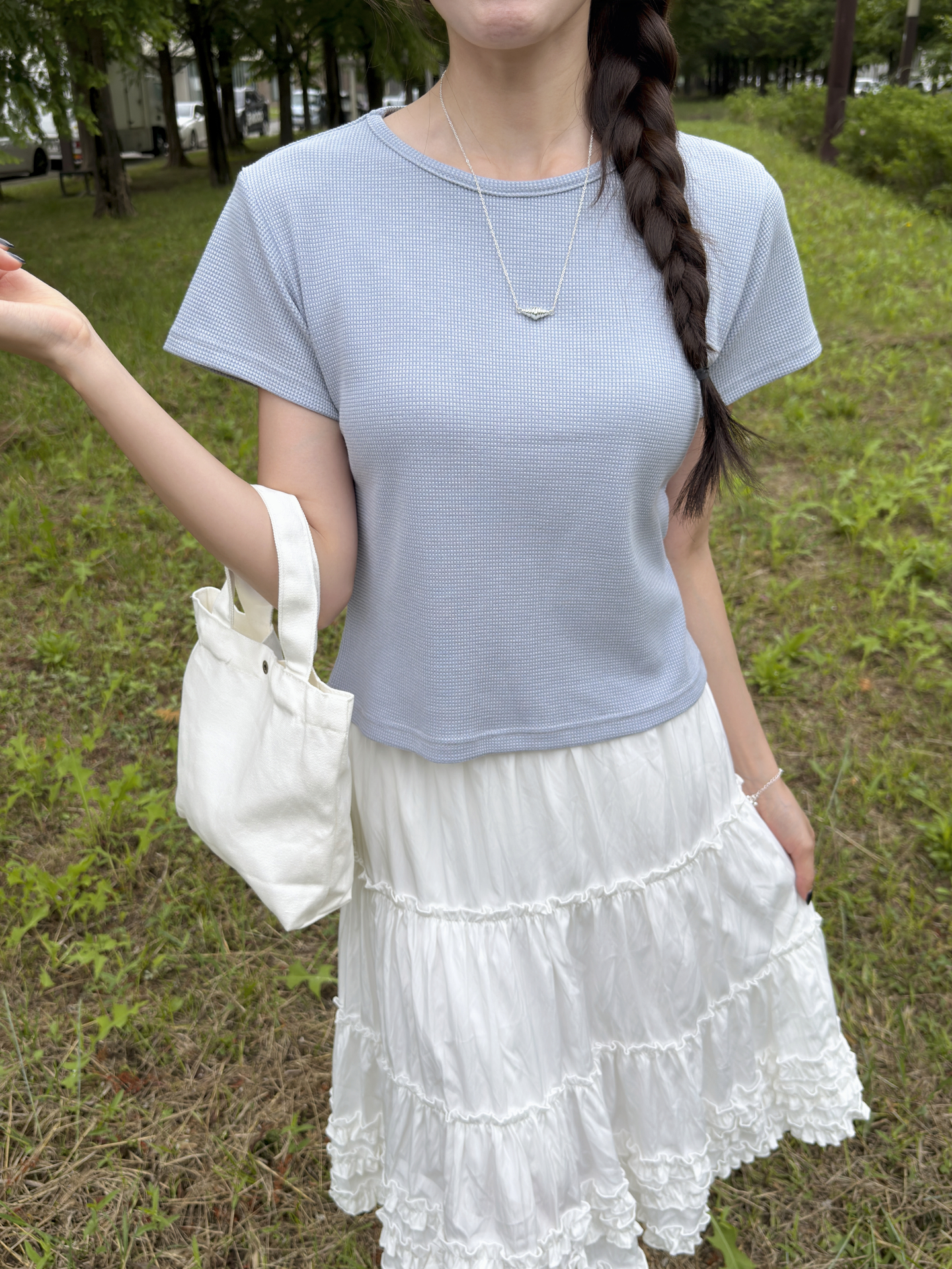 ワッフルラウンドネック半袖セミクロップドTシャツ | 詳細画像6