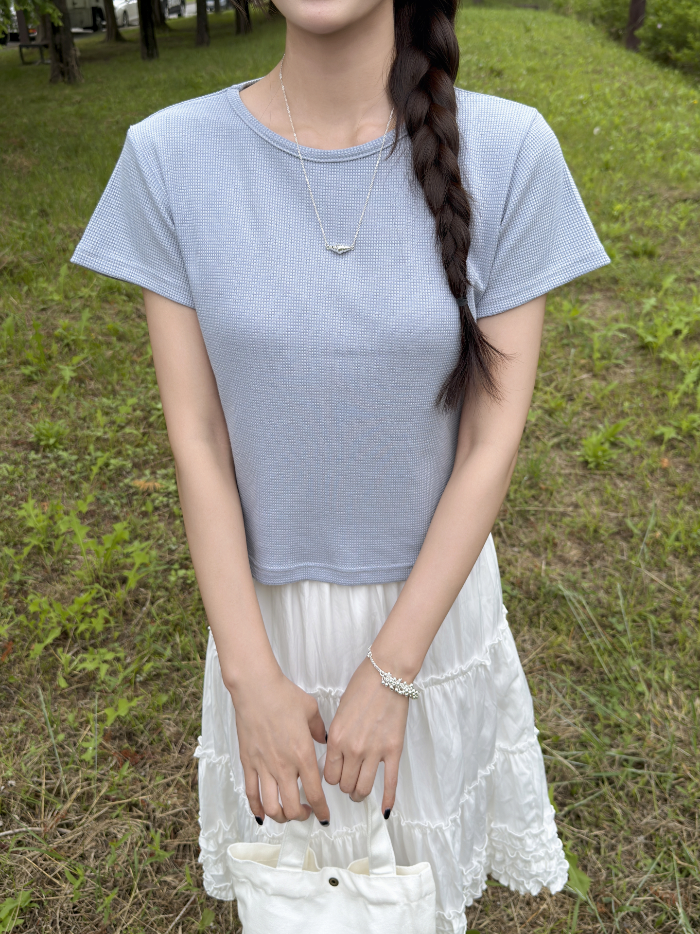 ワッフルラウンドネック半袖セミクロップドTシャツ | 詳細画像7
