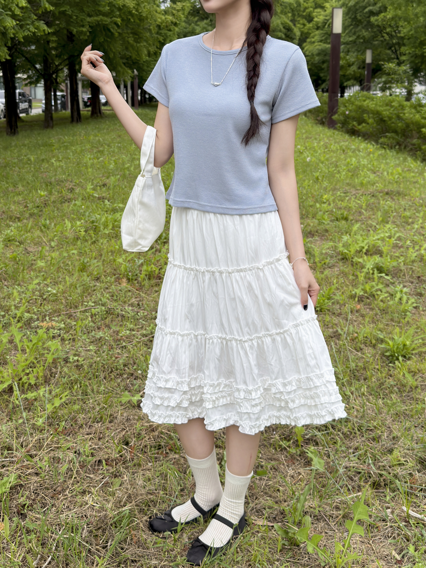 ワッフルラウンドネック半袖セミクロップドTシャツ | 詳細画像9