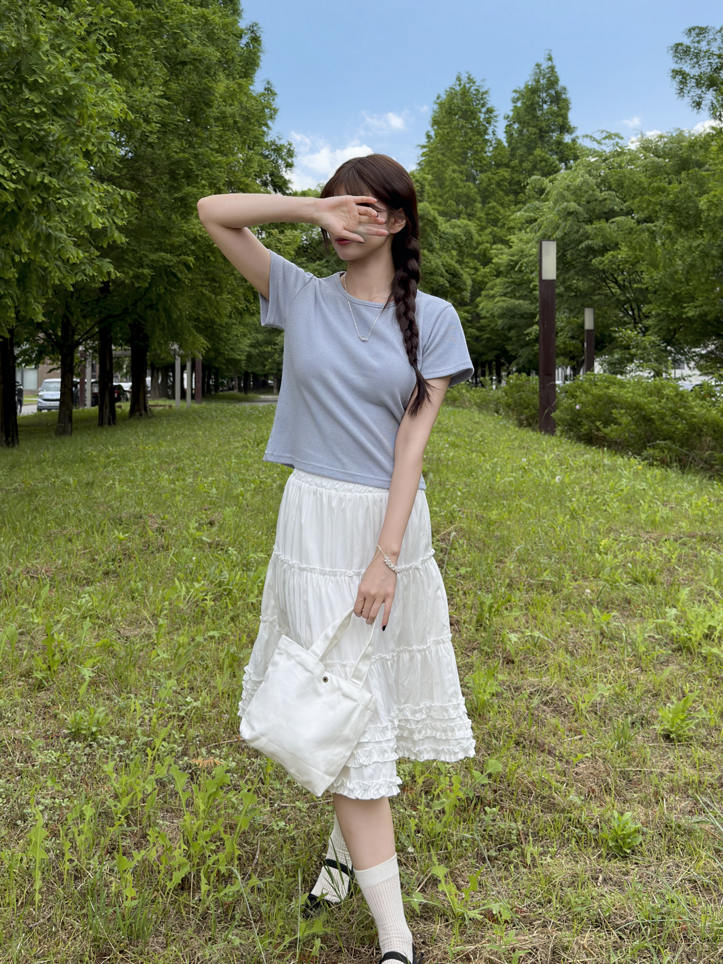 ワッフルラウンドネック半袖セミクロップドTシャツ | 詳細画像12