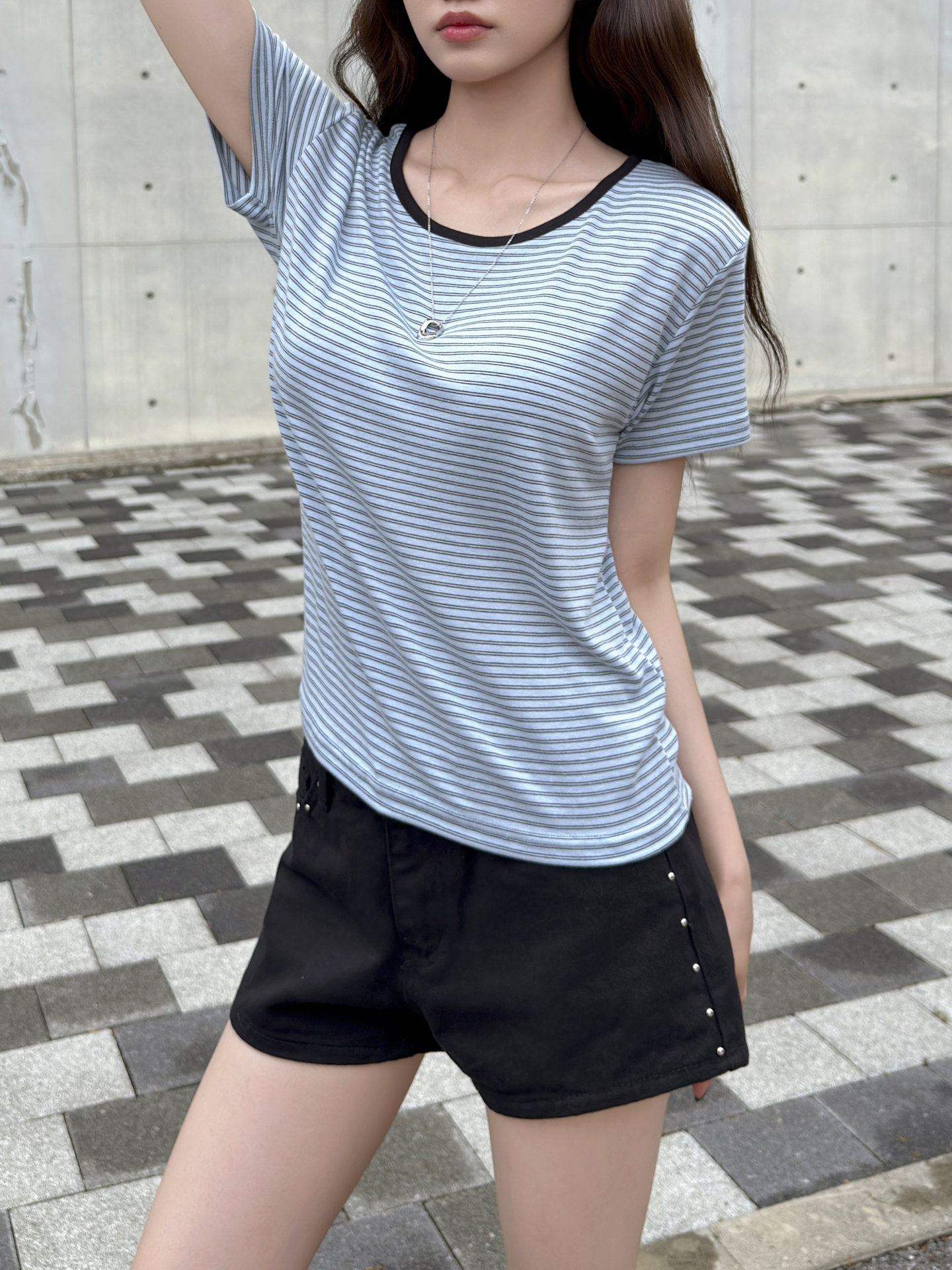 配色ラウンドネック半袖ボーダーTシャツ | 詳細画像2