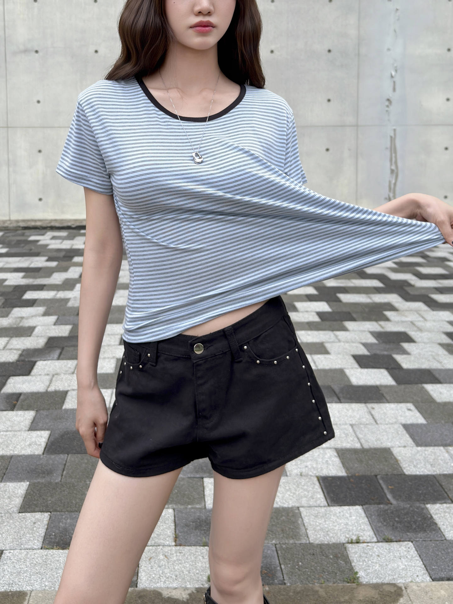 配色ラウンドネック半袖ボーダーTシャツ | 詳細画像3