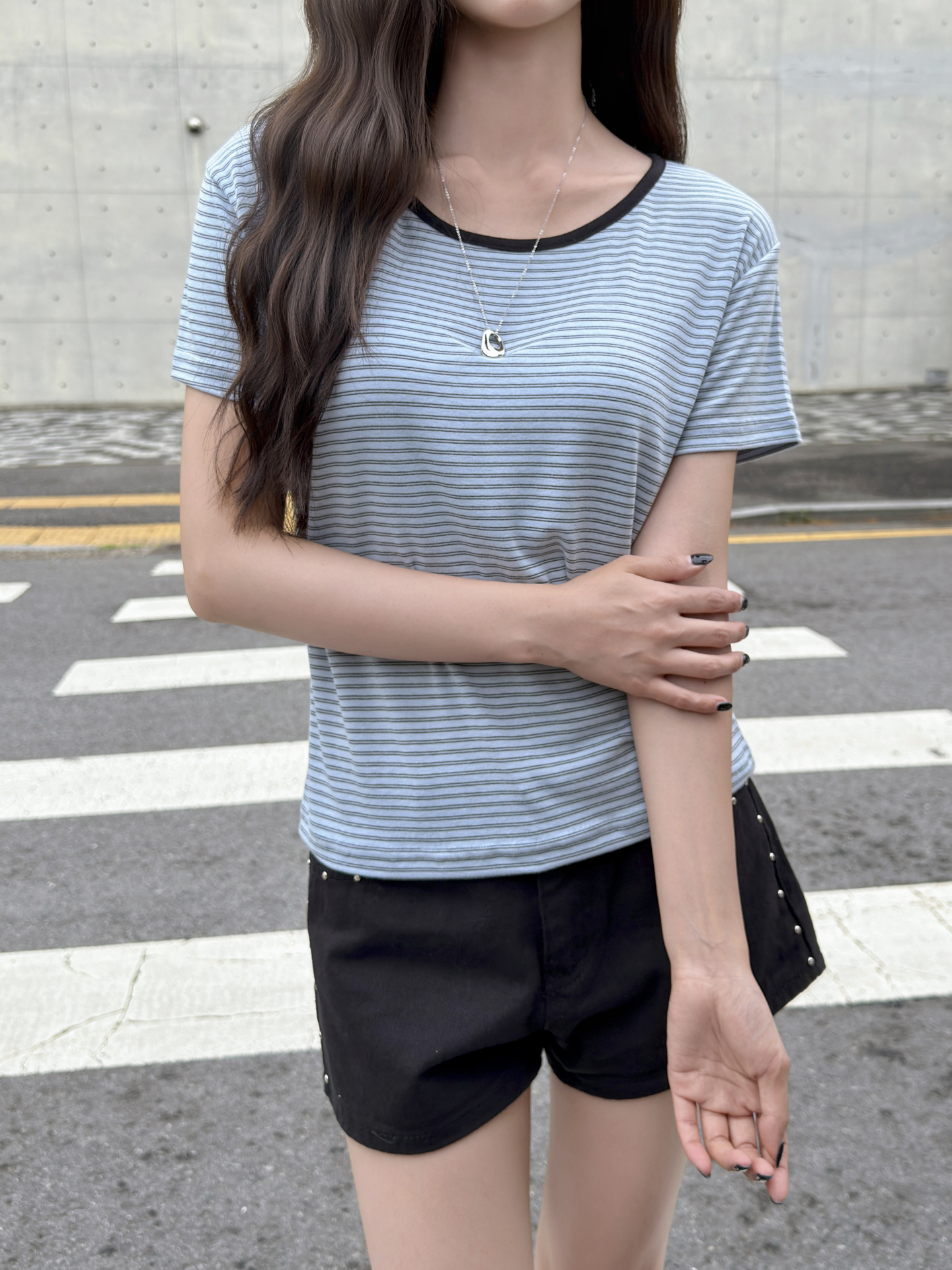 配色ラウンドネック半袖ボーダーTシャツ | 詳細画像5