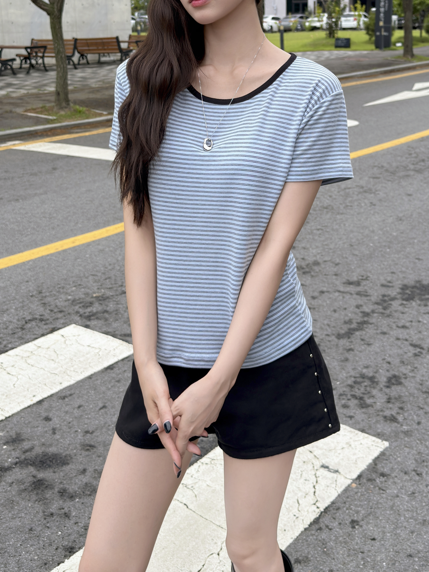 配色ラウンドネック半袖ボーダーTシャツ | 詳細画像12