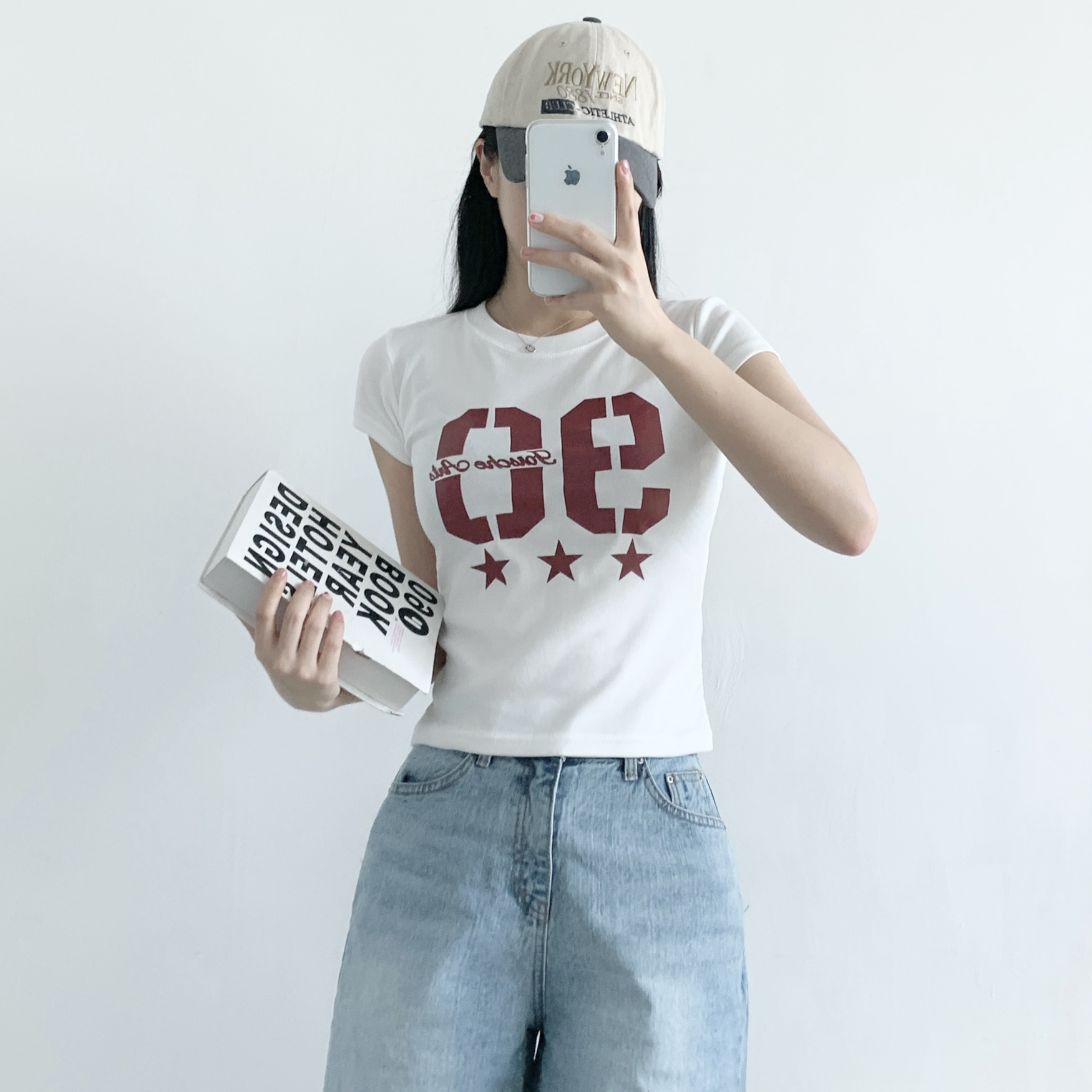 ラウンドネックスリム半袖セミクロップドプリントナンバー星柄Tシャツ | 詳細画像2