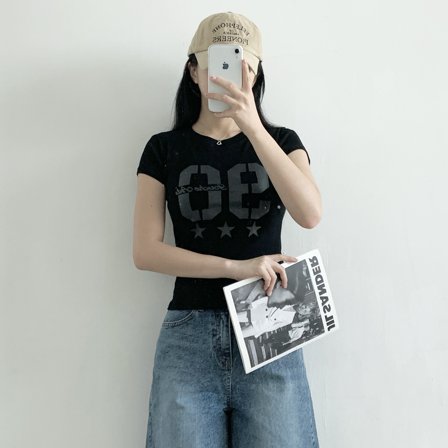 ラウンドネックスリム半袖セミクロップドプリントナンバー星柄Tシャツ | 詳細画像4