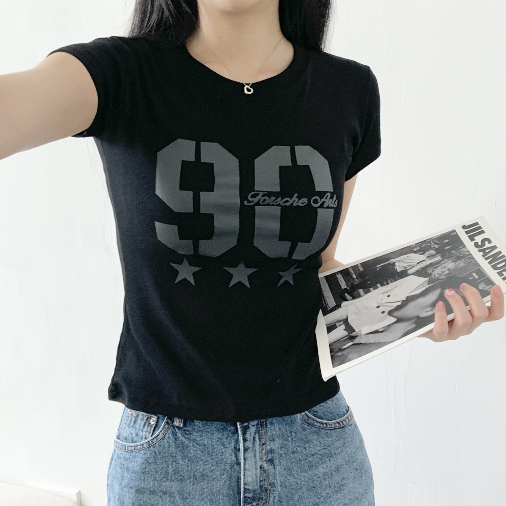 ラウンドネックスリム半袖セミクロップドプリントナンバー星柄Tシャツ | 詳細画像5