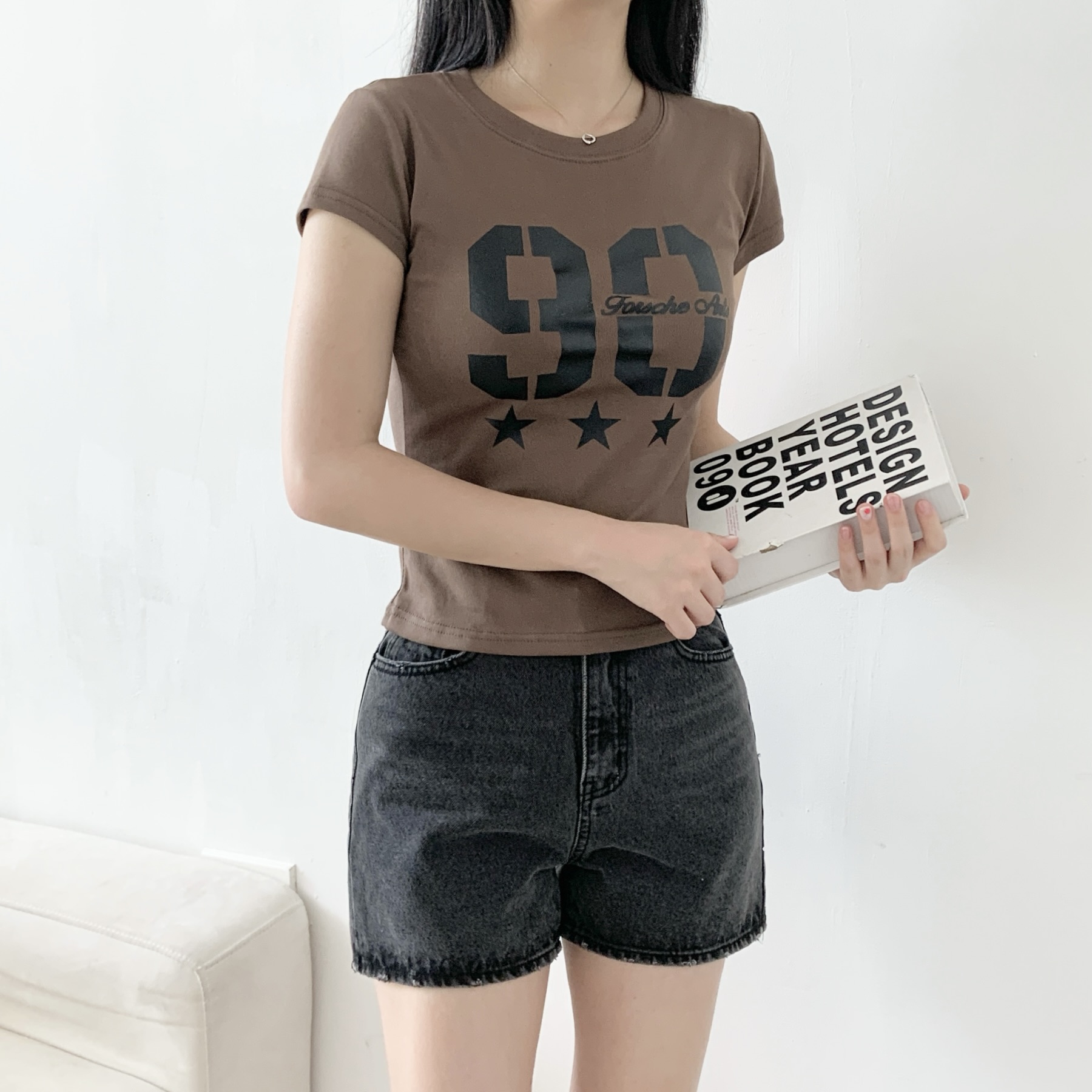 ラウンドネックスリム半袖セミクロップドプリントナンバー星柄Tシャツ | 詳細画像6