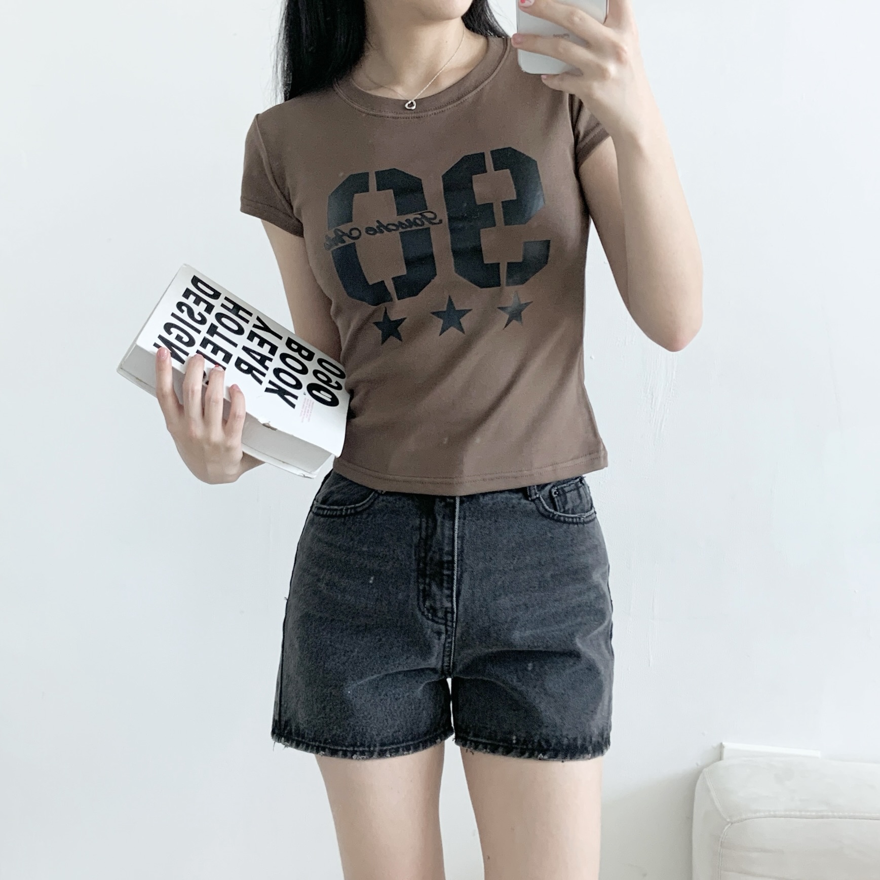 ラウンドネックスリム半袖セミクロップドプリントナンバー星柄Tシャツ | 詳細画像7
