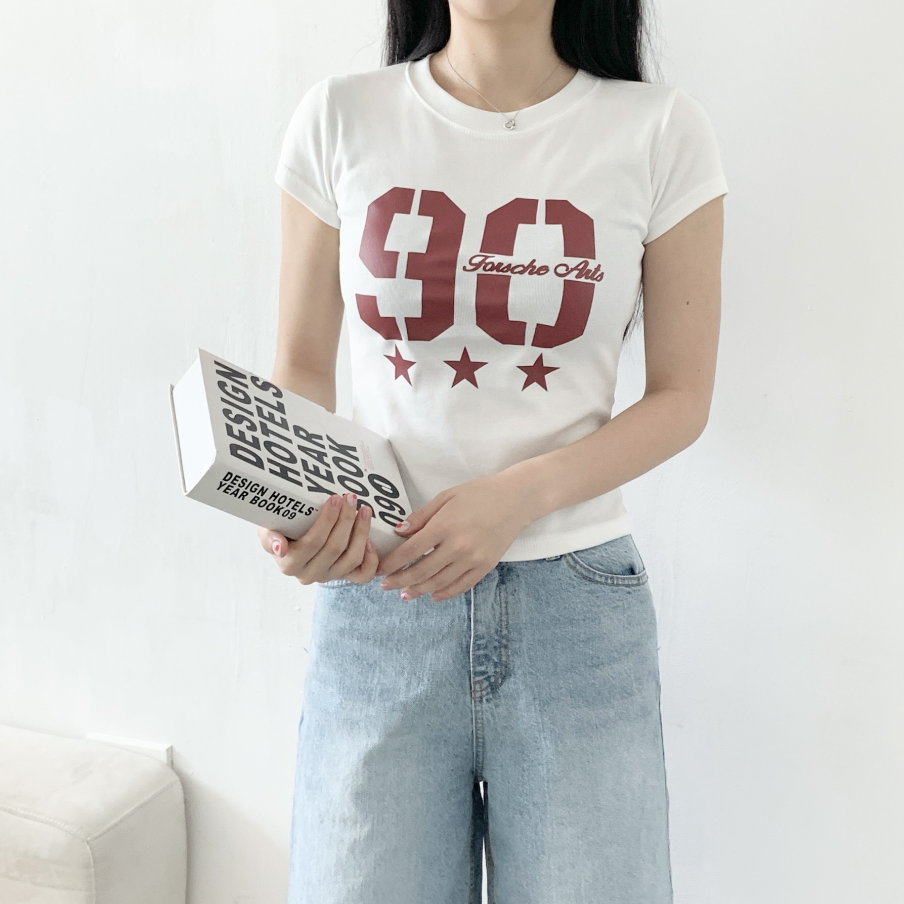 ラウンドネックスリム半袖セミクロップドプリントナンバー星柄Tシャツ | 詳細画像3