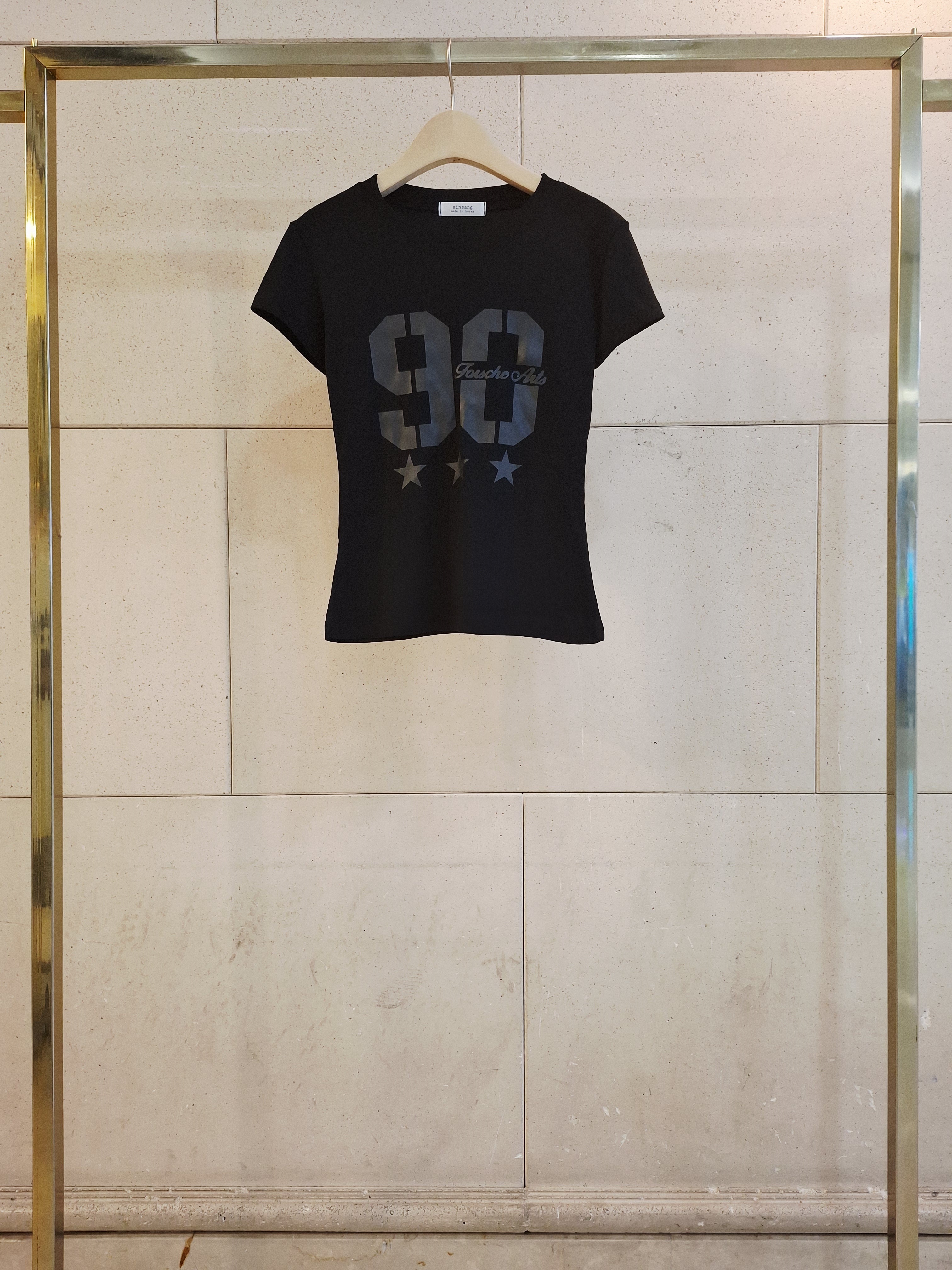 ラウンドネックスリム半袖セミクロップドプリントナンバー星柄Tシャツ | 詳細画像10