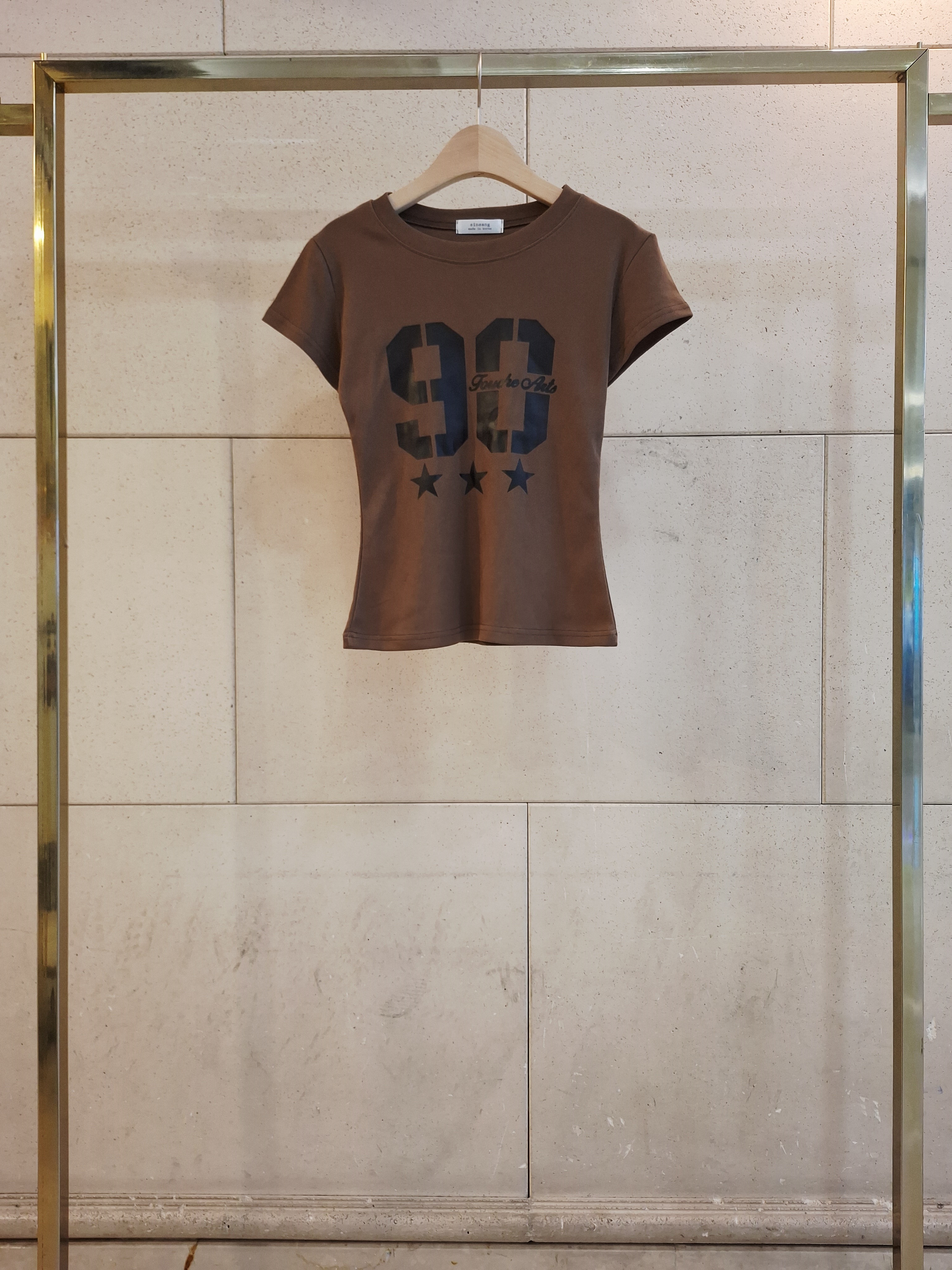 ラウンドネックスリム半袖セミクロップドプリントナンバー星柄Tシャツ | 詳細画像11