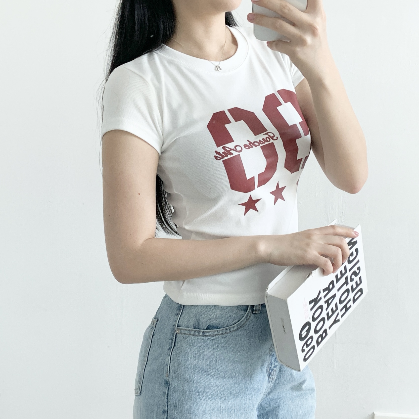 ラウンドネックスリム半袖セミクロップドプリントナンバー星柄Tシャツ | 詳細画像14