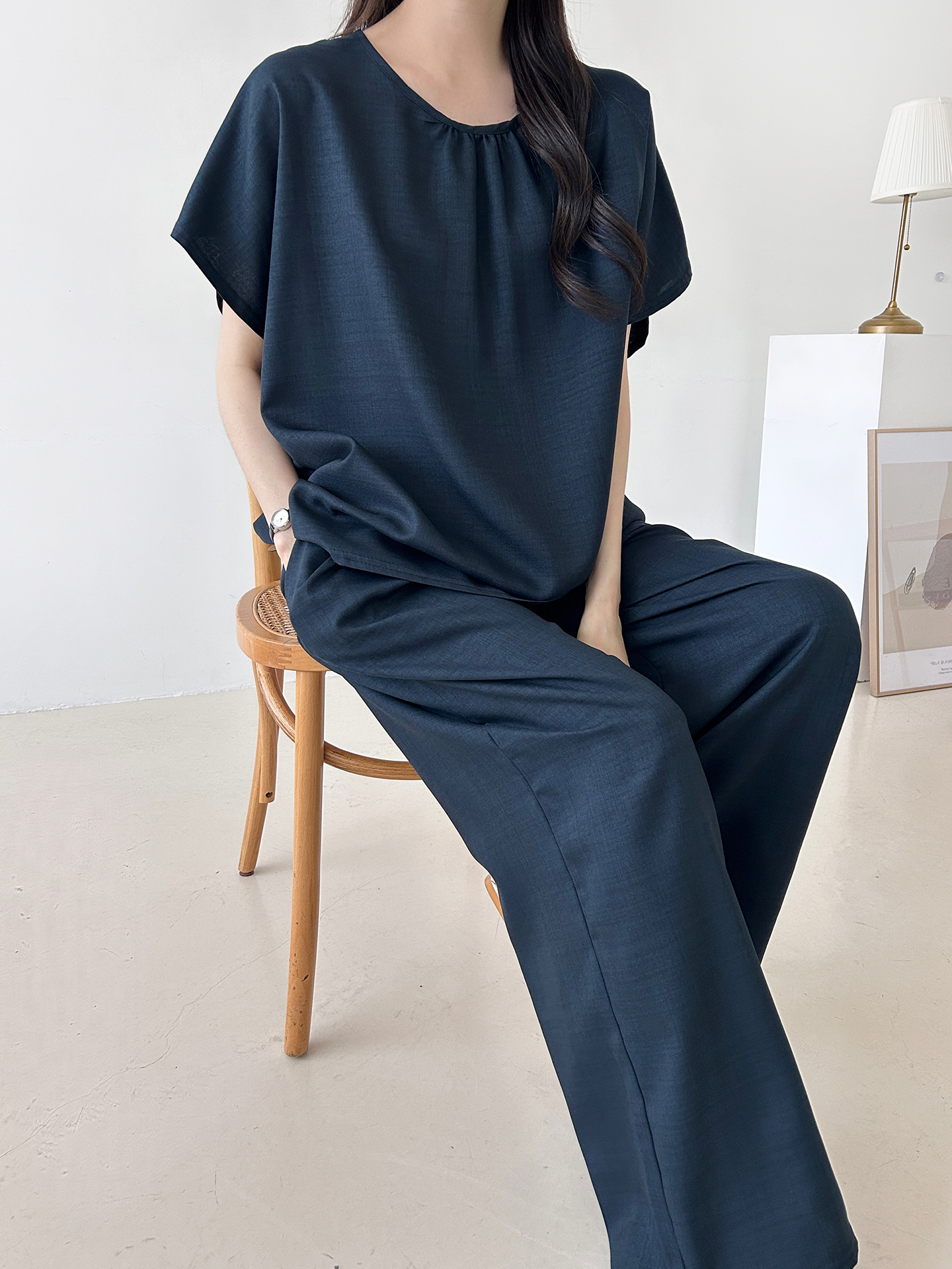 ラウンドネックシャーリングウエストゴムオーバーサイズロング半袖ツーピース(トップス、ボトムス)パンツTシャツ | 詳細画像11