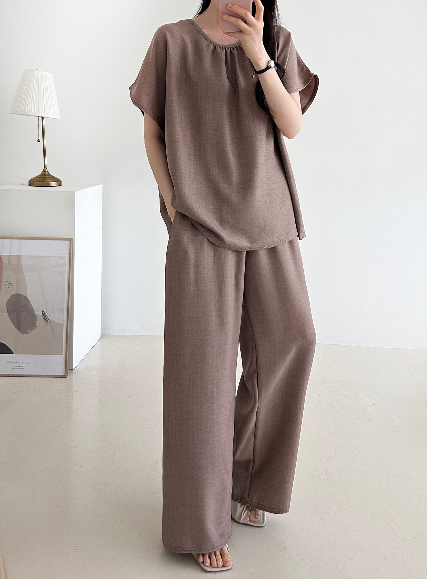 ラウンドネックシャーリングウエストゴムオーバーサイズロング半袖ツーピース(トップス、ボトムス)パンツTシャツ | 詳細画像35