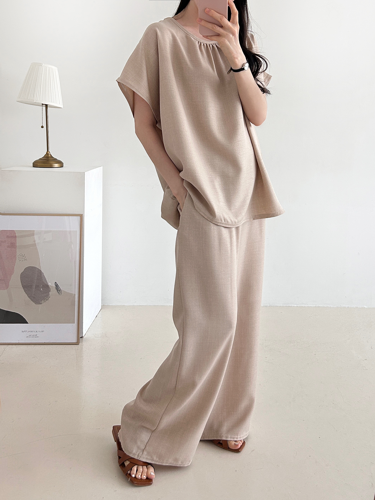 ラウンドネックシャーリングウエストゴムオーバーサイズロング半袖ツーピース(トップス、ボトムス)パンツTシャツ | 詳細画像12